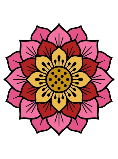 Color illustrative flower and mandala tattoo design: a central yellow core featuring black dots