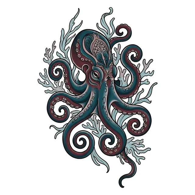 Color illustrative octopus tattoo design: an octopus with intricate patterns on its head