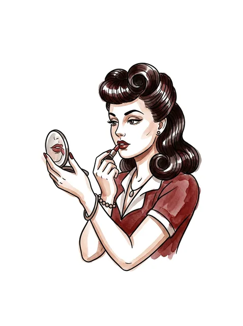 Color illustrative pin up tattoo design: the other, her lips reflected in the glass