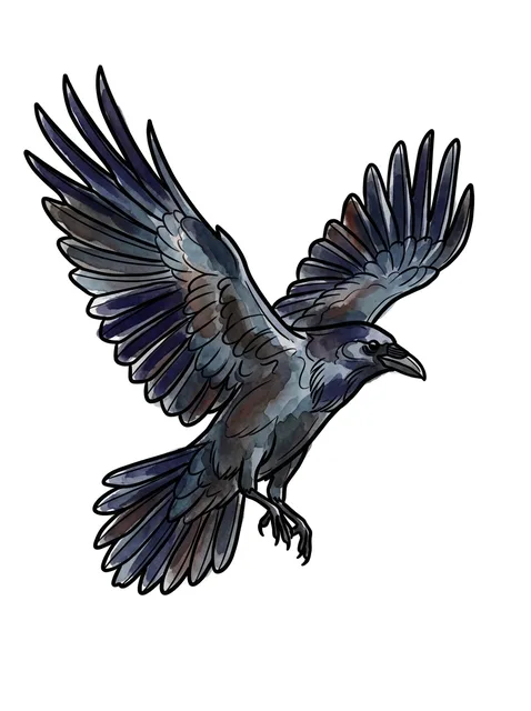 Color illustrative raven tattoo design: a raven in flight with outstretched wings