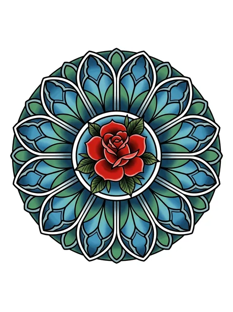 Color illustrative rose window and rose tattoo design