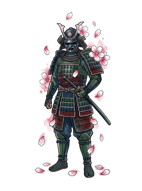 Color illustrative samurai and cherry blossom tattoo design