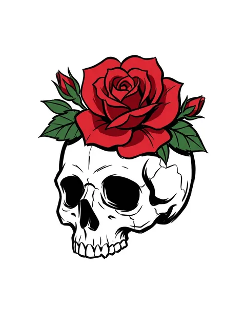Color illustrative rose and skull tattoo design: a white skull with bold black outlines
