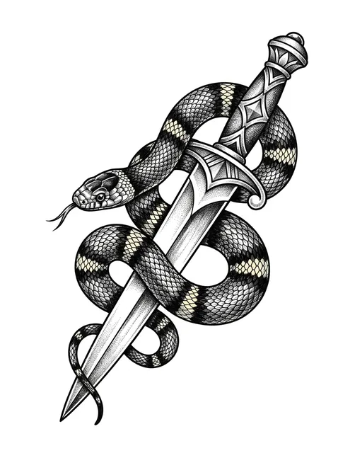 Color illustrative snake and dagger tattoo design: a banded king snake coiled around a steel dagger