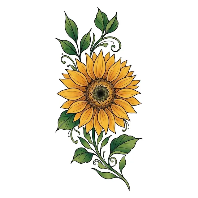 illustrative Sunflower tattoo design, in colour