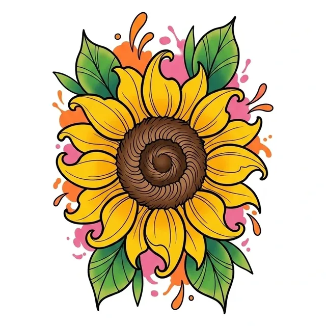 illustrative Sunflower tattoo design, in colour