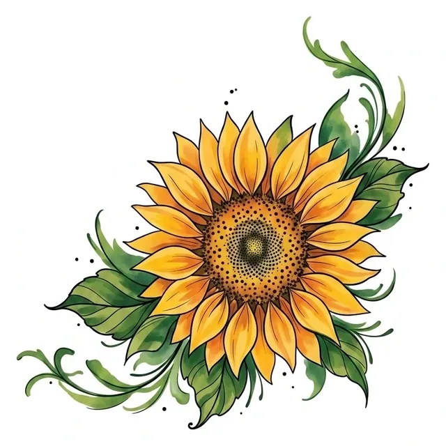 illustrative Sunflower tattoo design, in colour