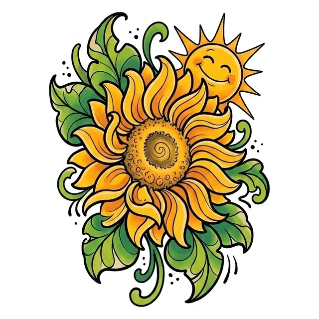 Color illustrative sunflower and sun tattoo design