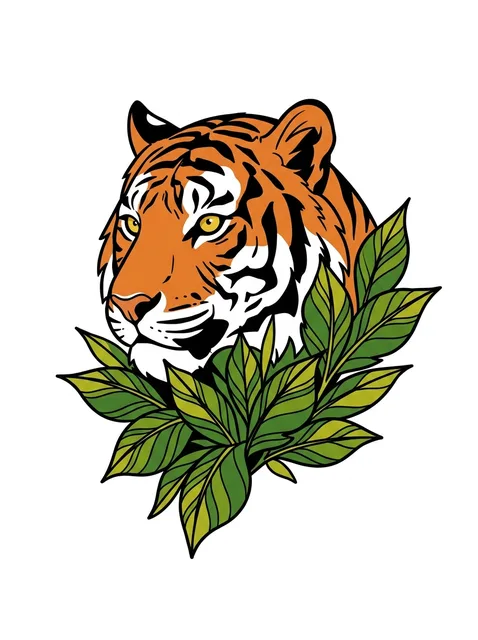 Color illustrative tiger and leaf tattoo design