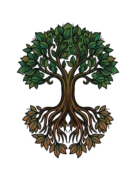 Color illustrative tree and leaf tattoo design