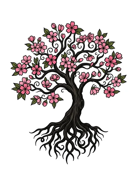 Color illustrative tree of life and cherry blossom tattoo design
