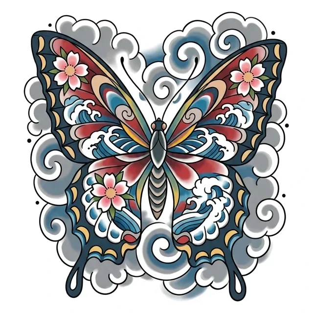 Color Japanese wave and butterfly tattoo design