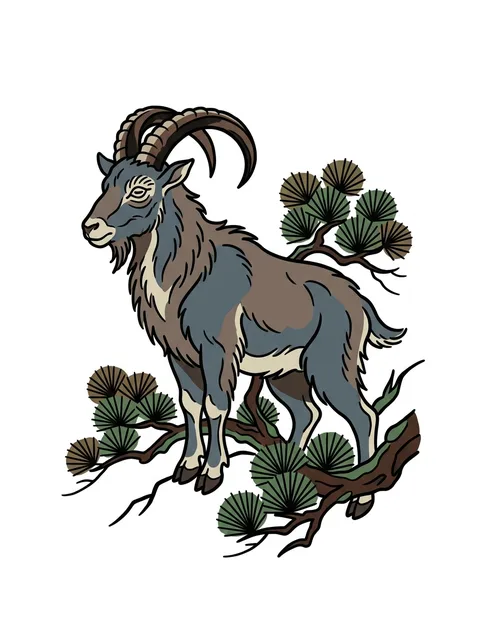 Tattoo-Vorlage mit dem Sternzeichen Steinbock und einem Ziegenbock, Stil: japanisch, in Farbe