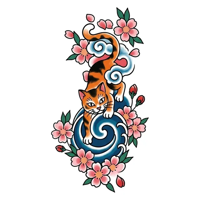 Color Japanese cat and cherry blossom tattoo design: a playful expression