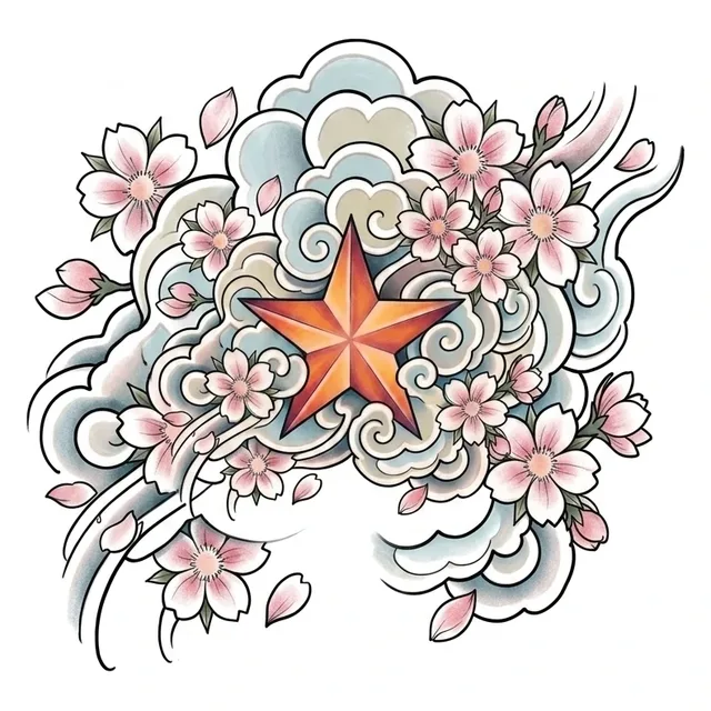 Color Japanese cloud and cherry blossom tattoo design