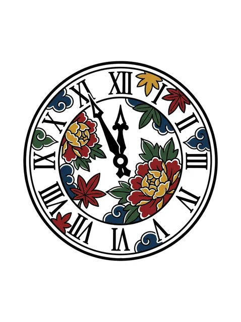 Color Japanese clock and peony tattoo design: a clock face with Roman numerals
