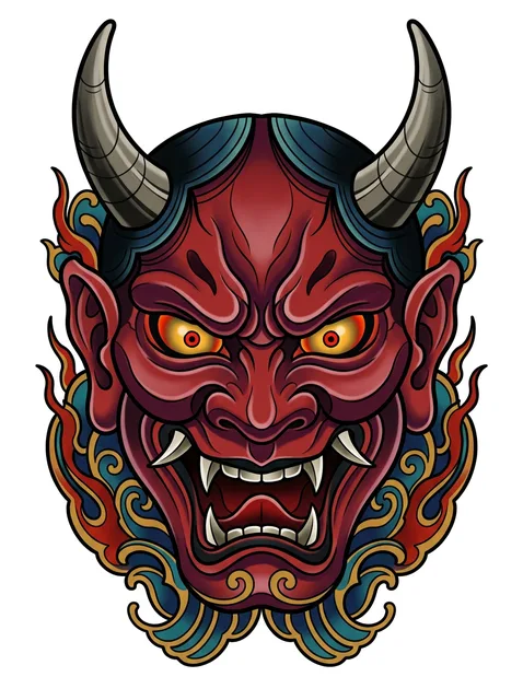 Color Japanese demon tattoo design: a fierce red demon face with prominent horns and sharp fangs