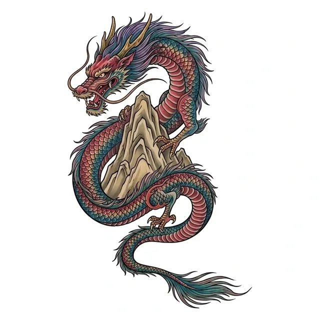 Color Japanese dragon and mountain tattoo design