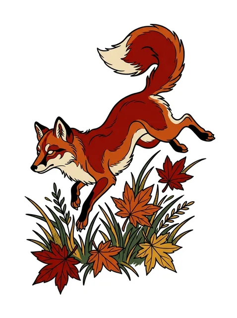 Color Japanese fox and leaf tattoo design