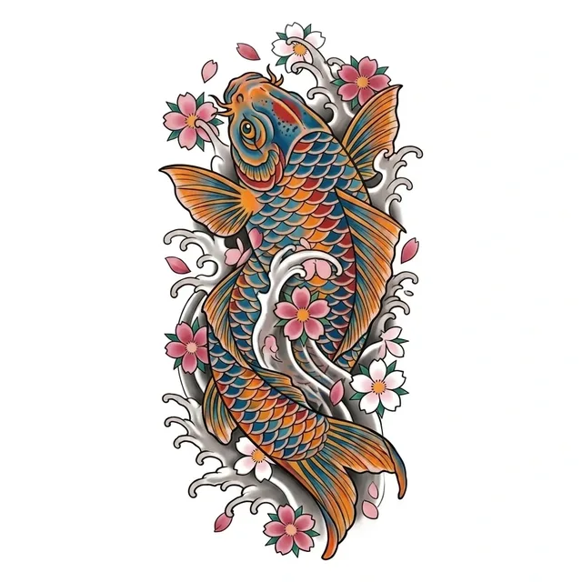 Color Japanese koi and cherry blossom tattoo design