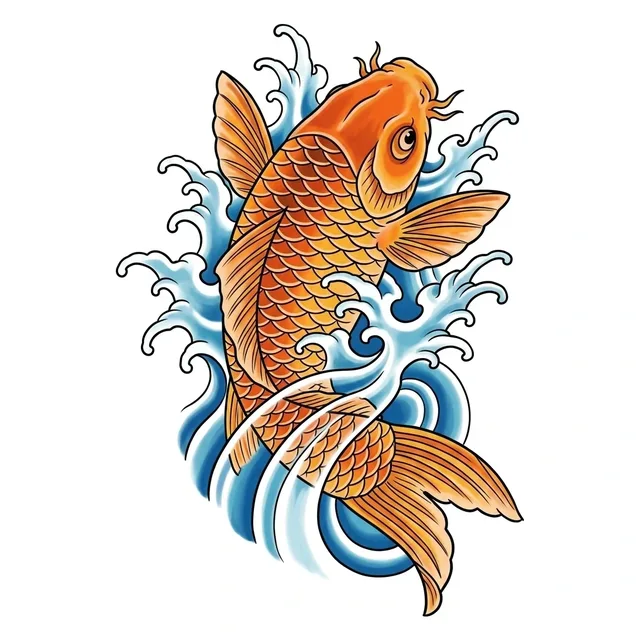 Color Japanese koi and wave tattoo design: a golden koi fish swimming amidst blue waves