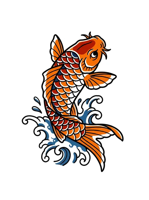 Color Japanese koi and wave tattoo design