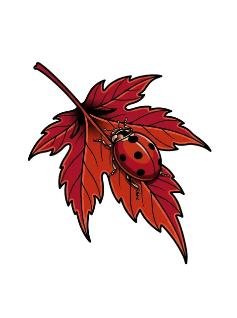 Color Japanese ladybug and leaf tattoo design