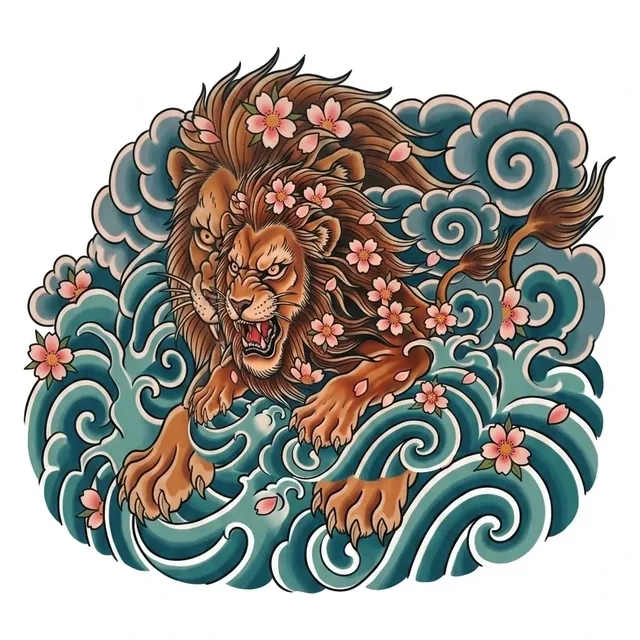 Color Japanese wave and lion tattoo design