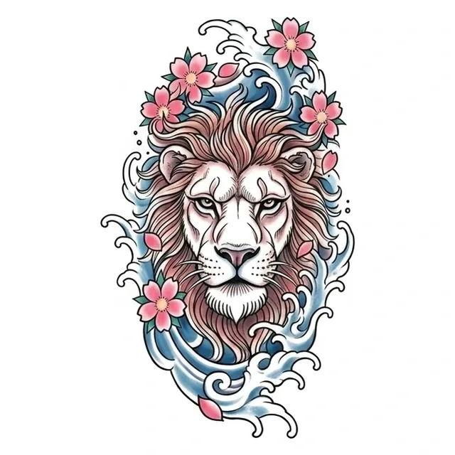 Color Japanese wave and lion tattoo design: a pale white and grey mane