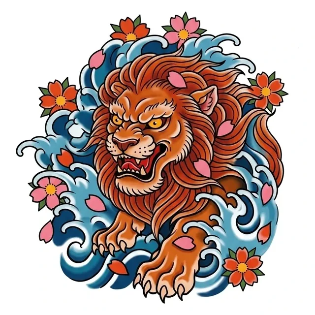 Color Japanese wave and lion tattoo design