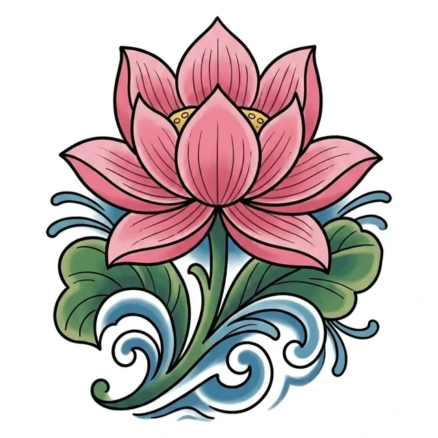 Color Japanese wave and lotus tattoo design: a pink lotus flower in full bloom