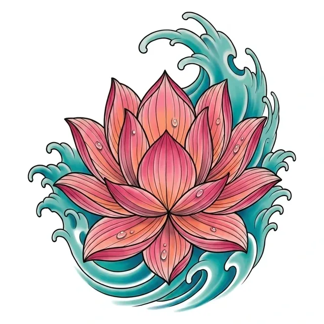 Color Japanese wave and lotus tattoo design
