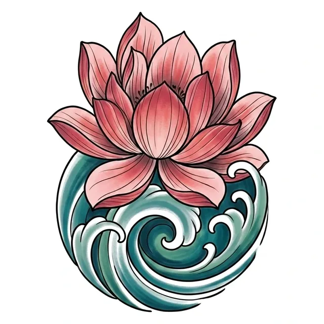 Color Japanese wave and lotus tattoo design