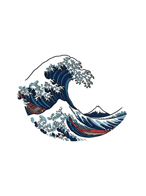 Color Japanese ocean and wave tattoo design: a small snow-capped Mount Fuji beyond
