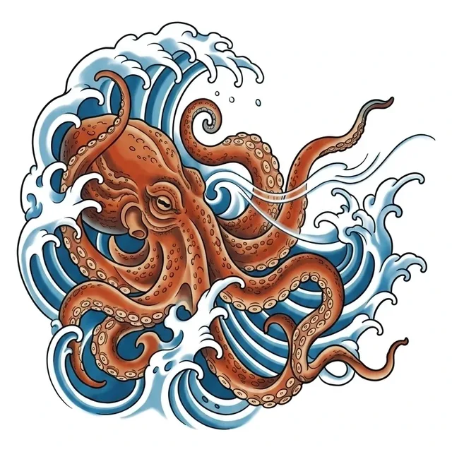 Color Japanese wave and octopus tattoo design