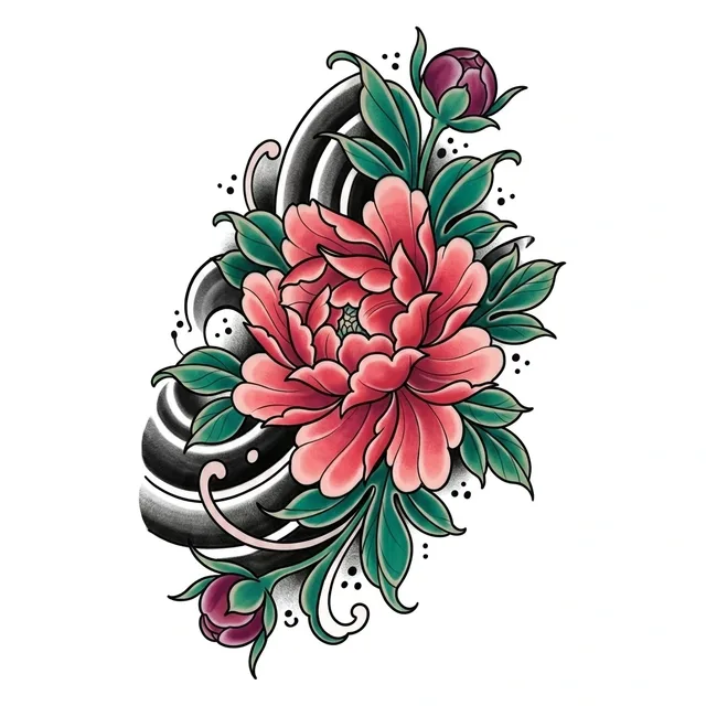 Color Japanese peony and flower tattoo design: a large, detailed pink peony in full bloom