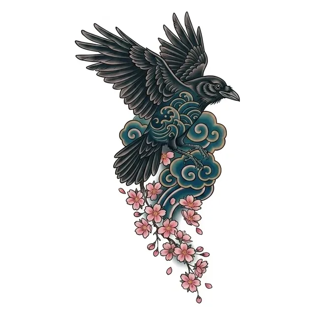 Japanese Raven tattoo design, in colour