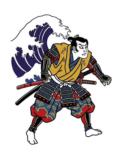 Color Japanese samurai and wave tattoo design