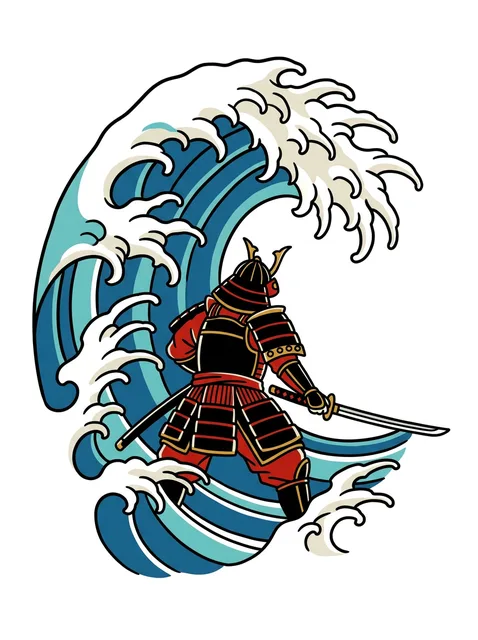 Color Japanese samurai and wave tattoo design