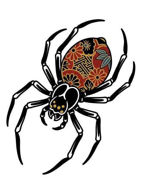 Color Japanese spider and flower tattoo design: a spider with a richly patterned abdomen