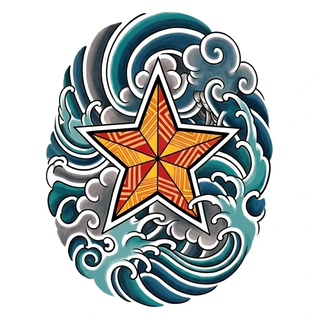 Color Japanese wave and star tattoo design: a bold, patterned star at its center
