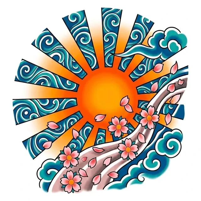 Color Japanese cloud and sun tattoo design