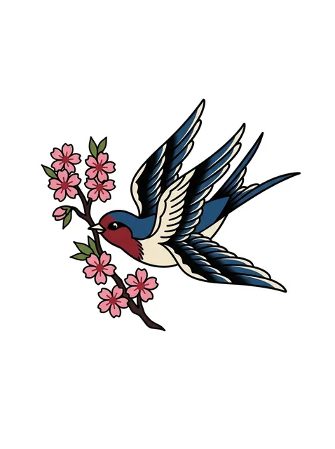Tattoo-Vorlage mit einer Schwalbe und einer Kirschblüte, Stil: japanisch, in Farbe