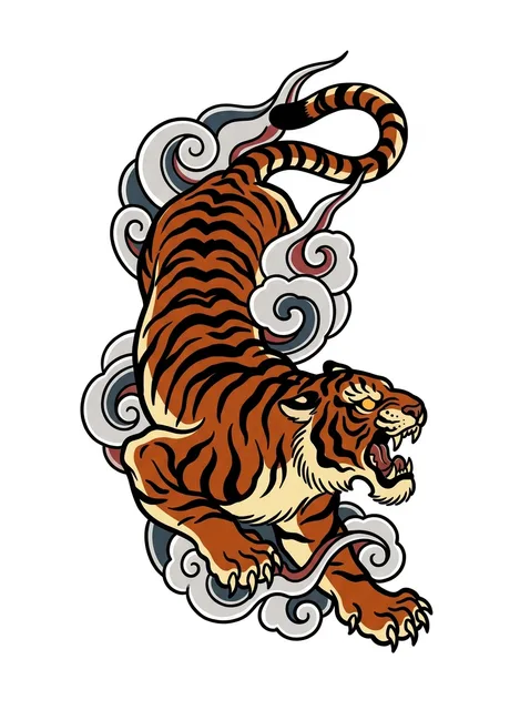 Color Japanese tiger tattoo design: a powerful tiger amidst stylized clouds