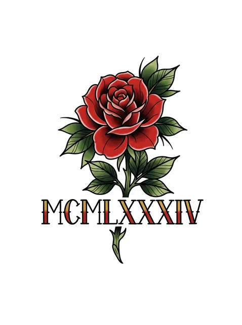 Color lettering roman numerals and rose tattoo design