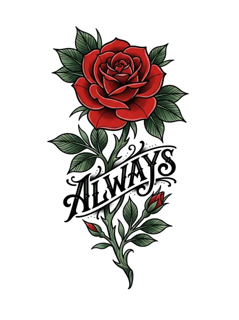 Color lettering script and rose tattoo design