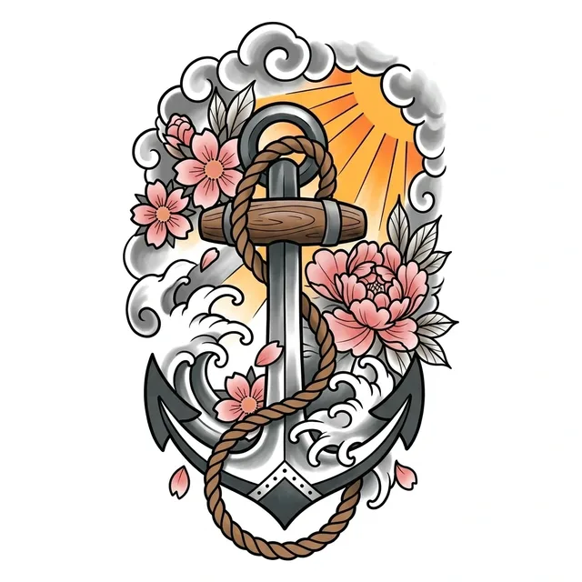 Color neo traditional peony and anchor tattoo design