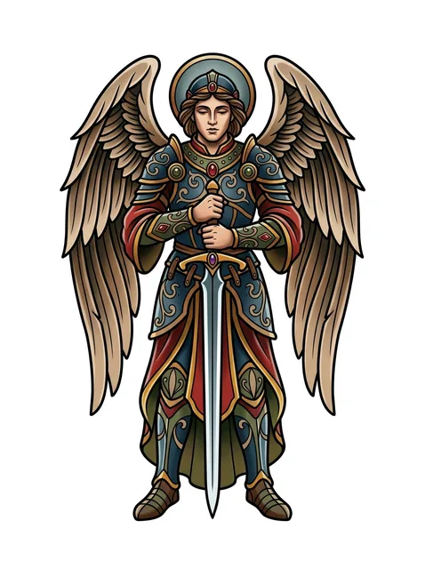Color neo traditional sword and angel tattoo design
