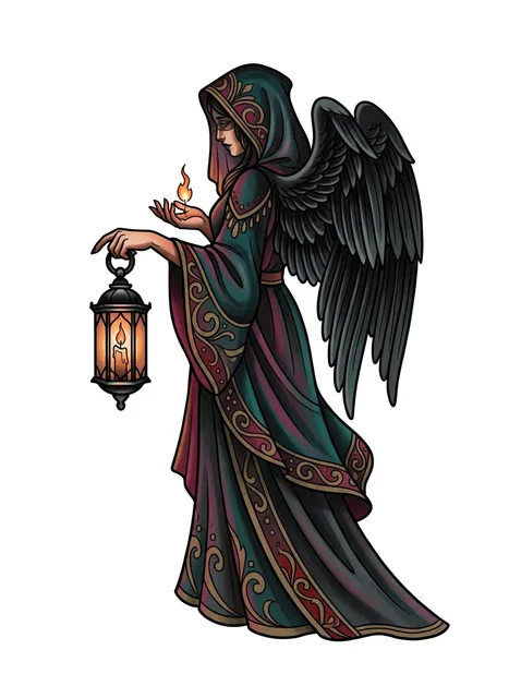 Color neo traditional lantern and angel of death tattoo design