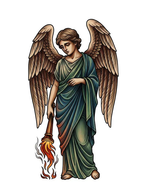 Color neo traditional angel of death and torch tattoo design